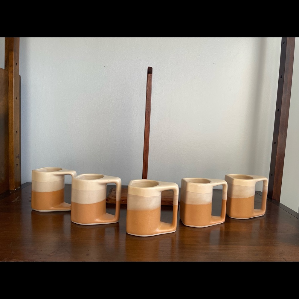 Vintage Stacking Coffee Mugs with Wooden Stand